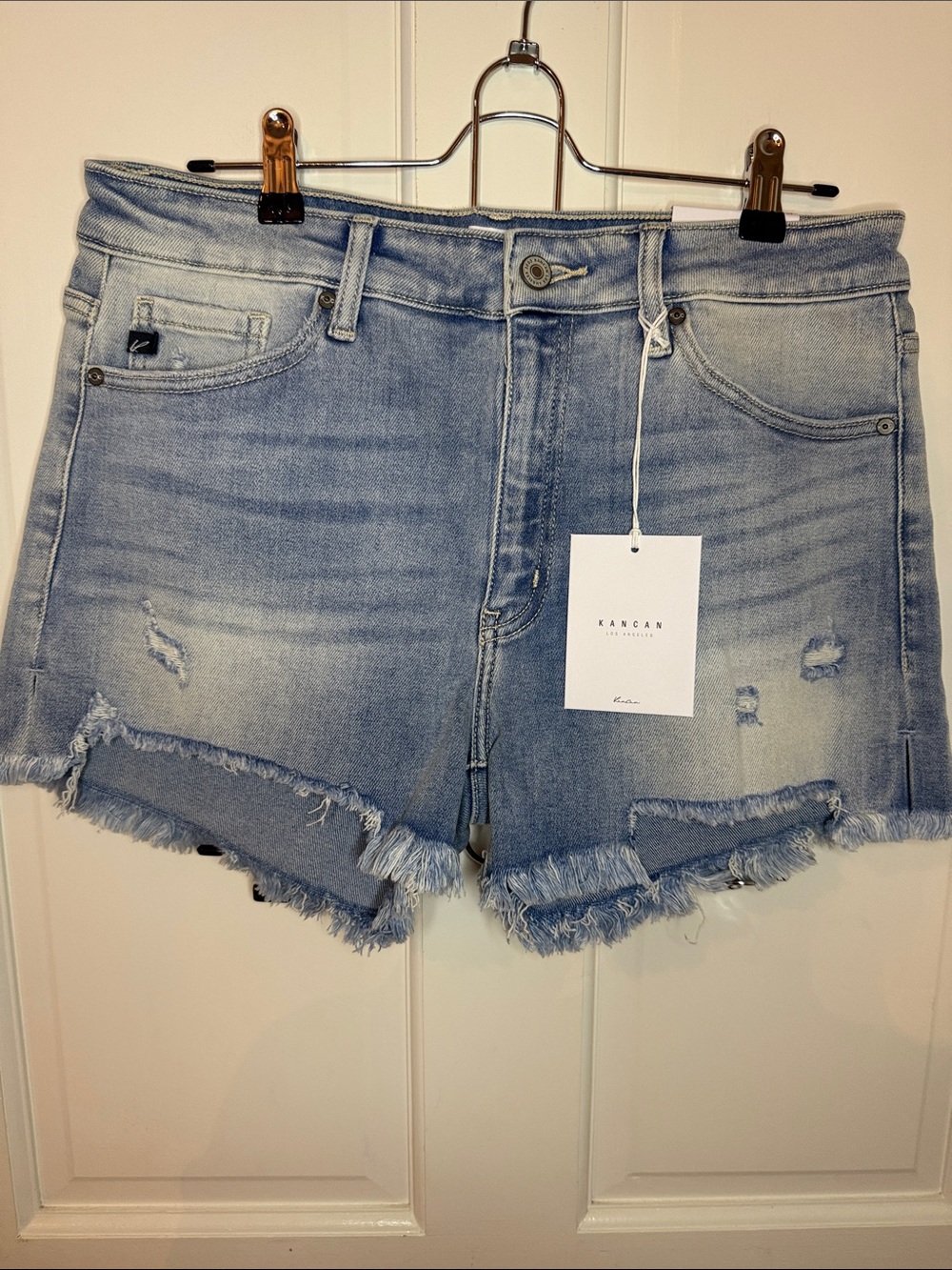 KanCan Light Wash Frayed Hem Denim Shorts